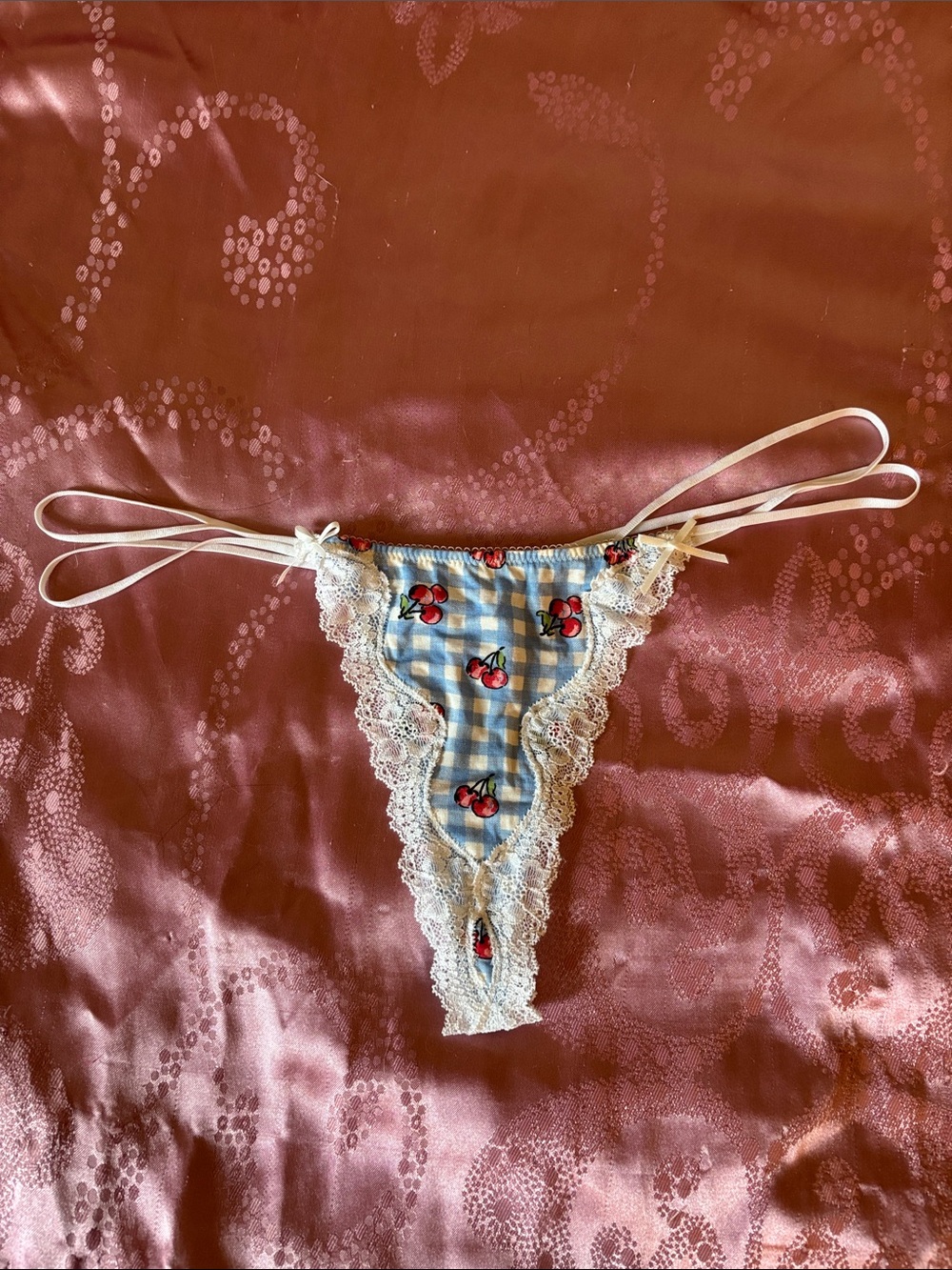 Urban Outfitters Blue Gingham Cherry Lace-Trim Thong